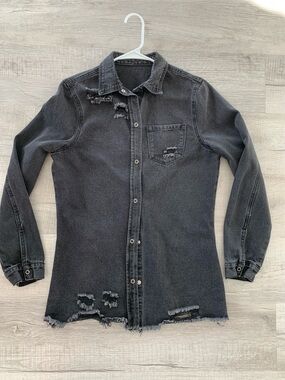 Charcoal  Black Distressed Denim Shirt - Ripped Details, Size S.